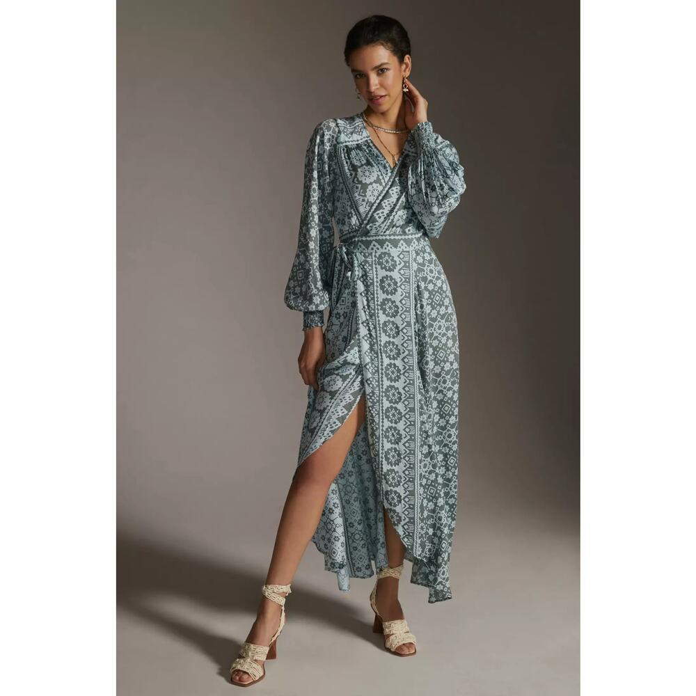 NWT Anthropologie Omika Wrap Maxi Dress, Aqua Green Motif XL